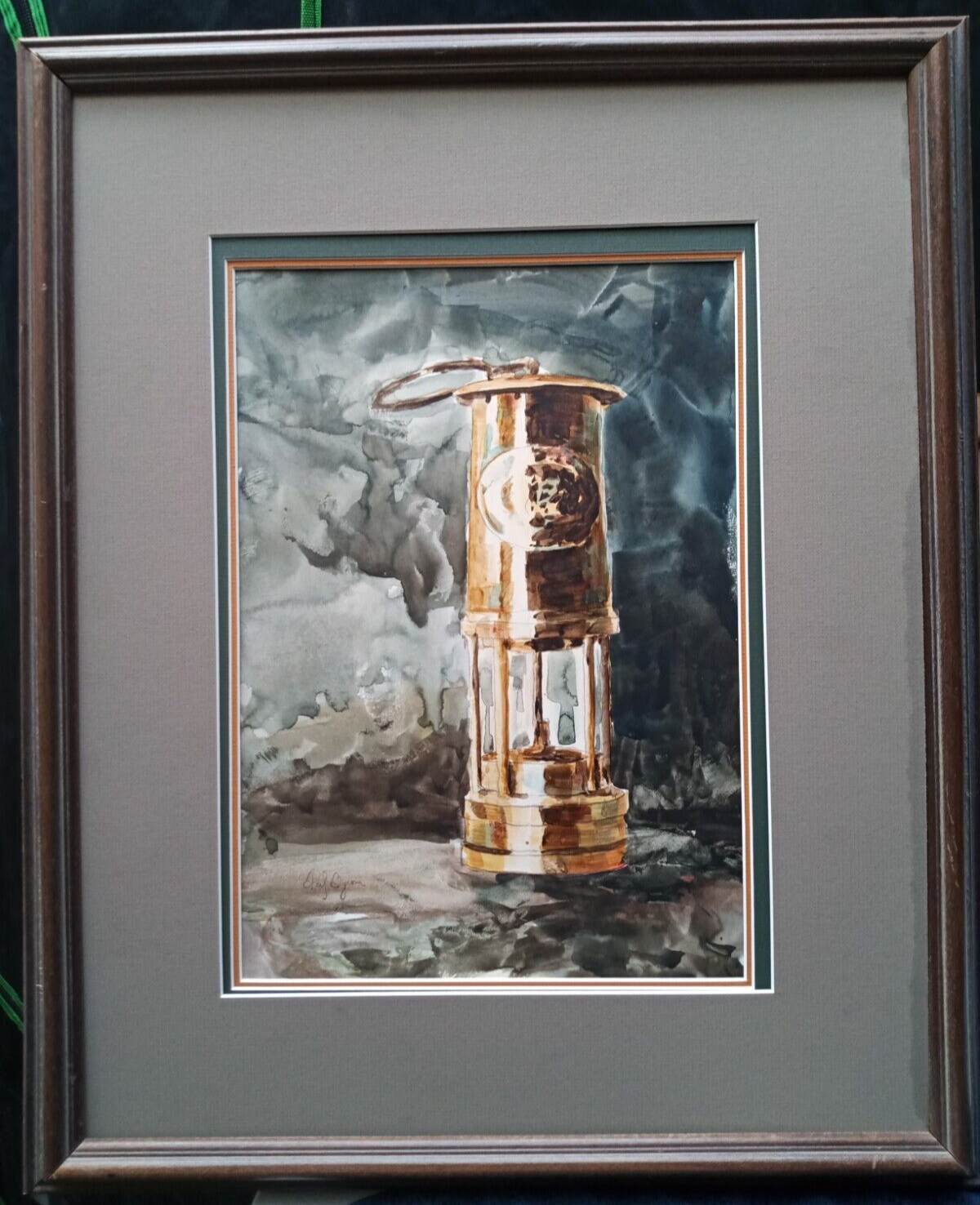 Vintage Watercolor Ted Byrom 1982 Miner's Lamp Painting 9x13 view