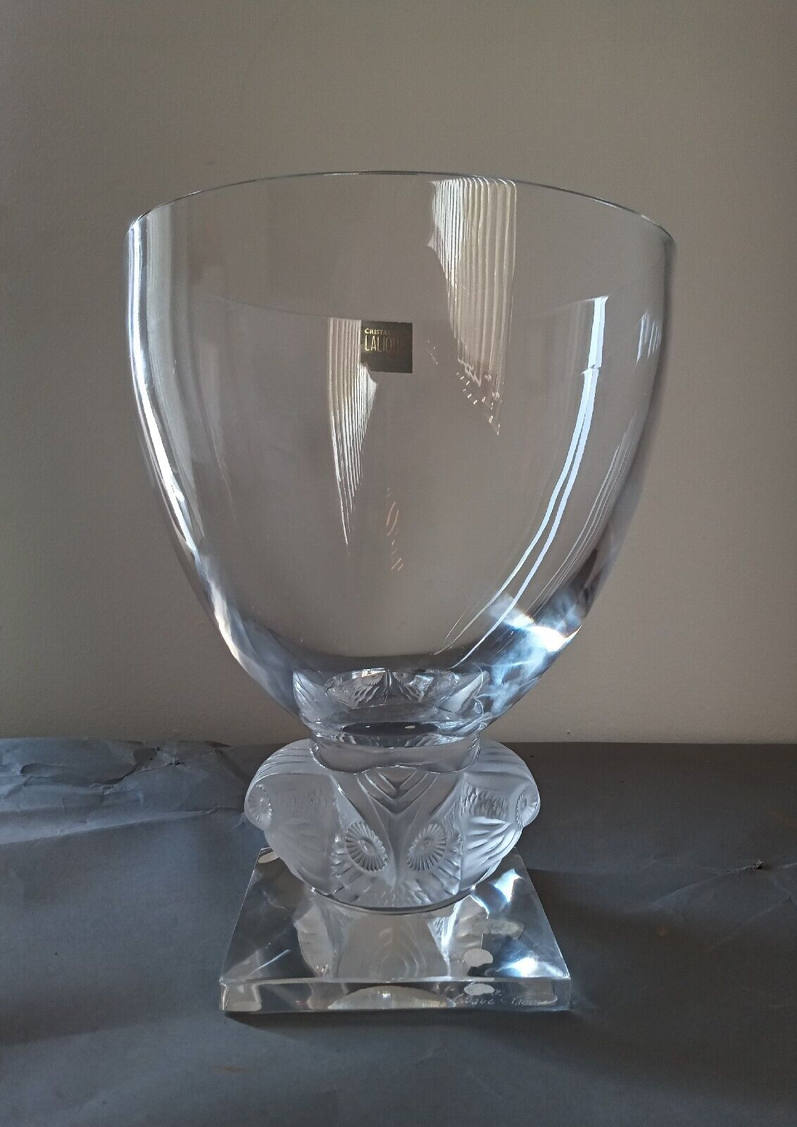 Vtg Lalique Grand Ducs Owl Vase Minty label w felt pads 9.75" Crystal Fine Glass