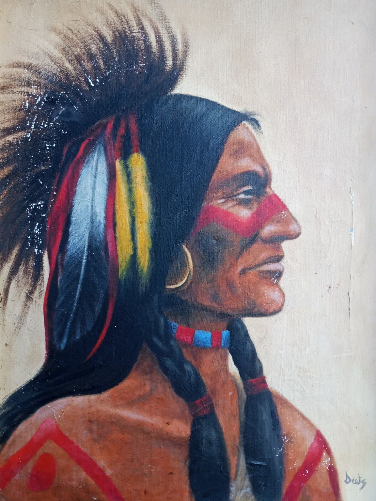Vtg Mod MCM Native American Portrait James Dietz CA WA Illustrator Oil Painting