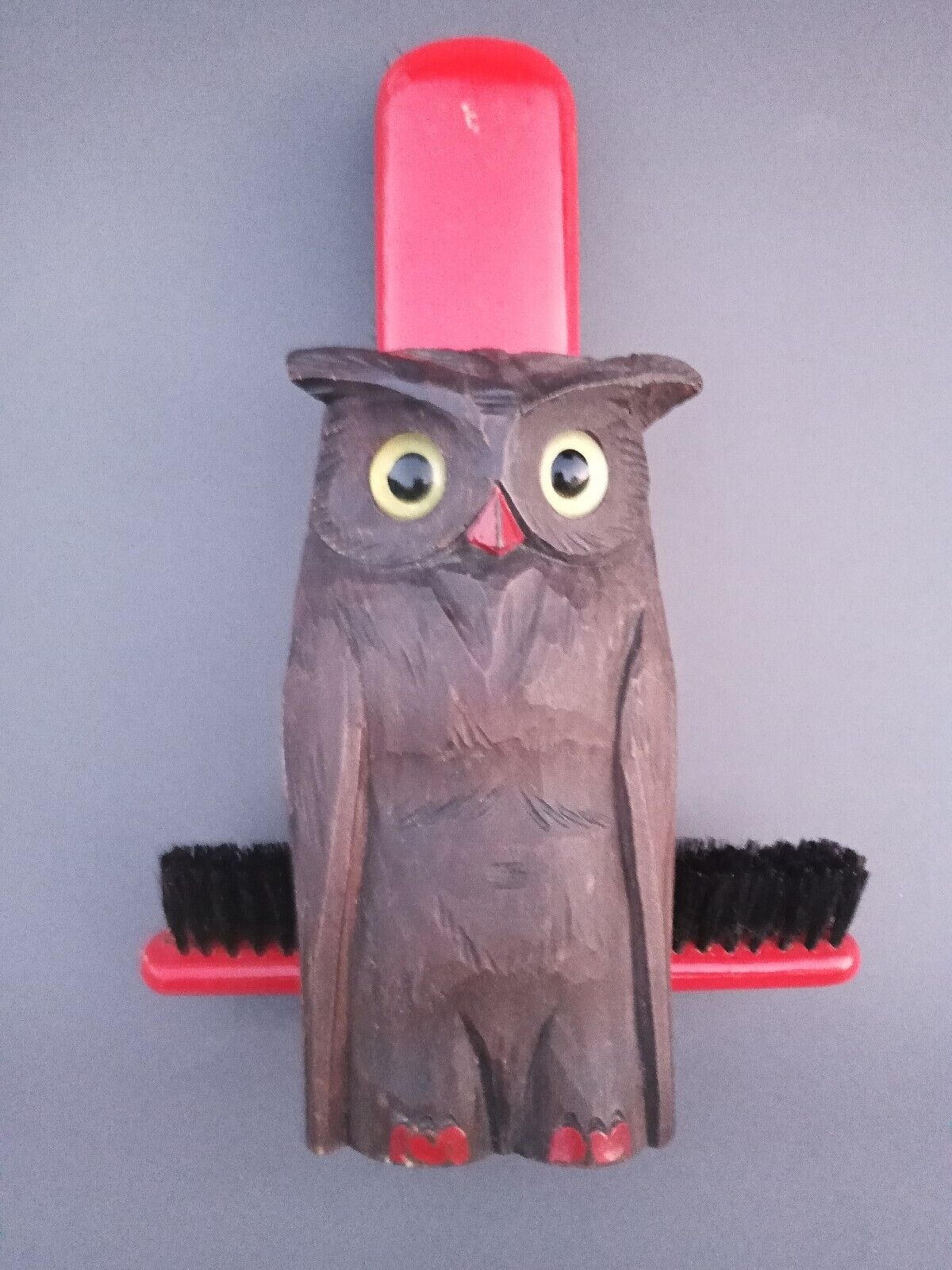 Antique Black Forest Owl Brush Carved Wood hang or Standing Art Deco Glass eye