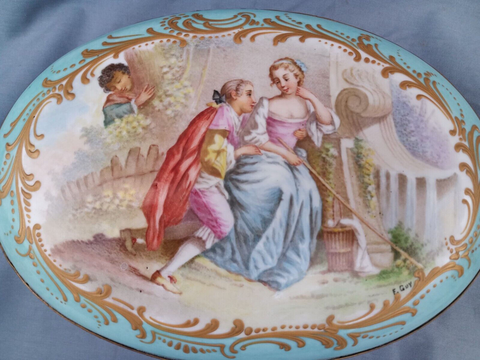Large Porcelain Antique 19th Sevres Jewelry Casket Box Courting Scene Guy  11"