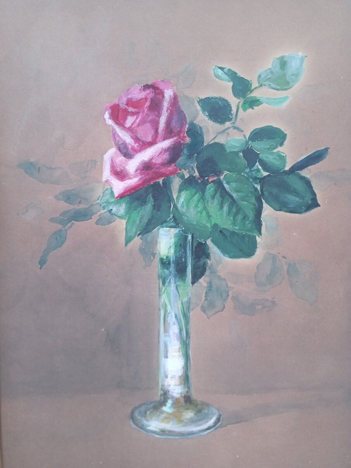Antique Rose  Floral Still Life Watercolor Glass Vase 17" unsigned