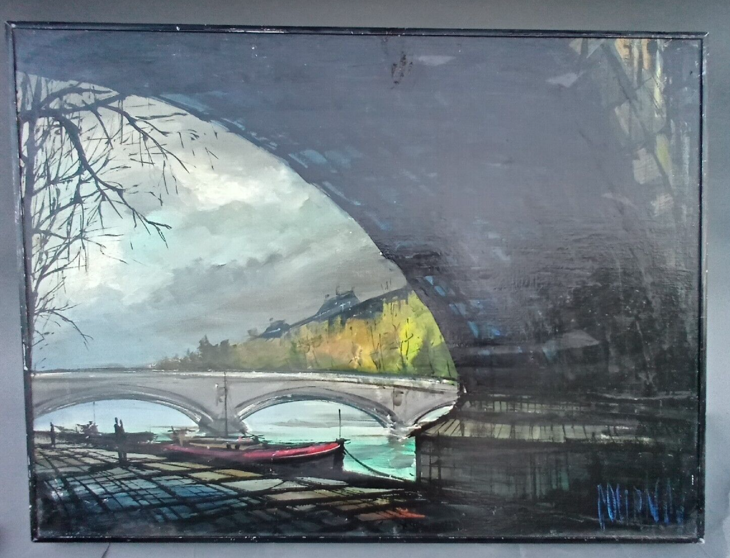 Vtg existensialist  Oil Painting Kew Bridge MCM aft Bernard Buffet  MCM