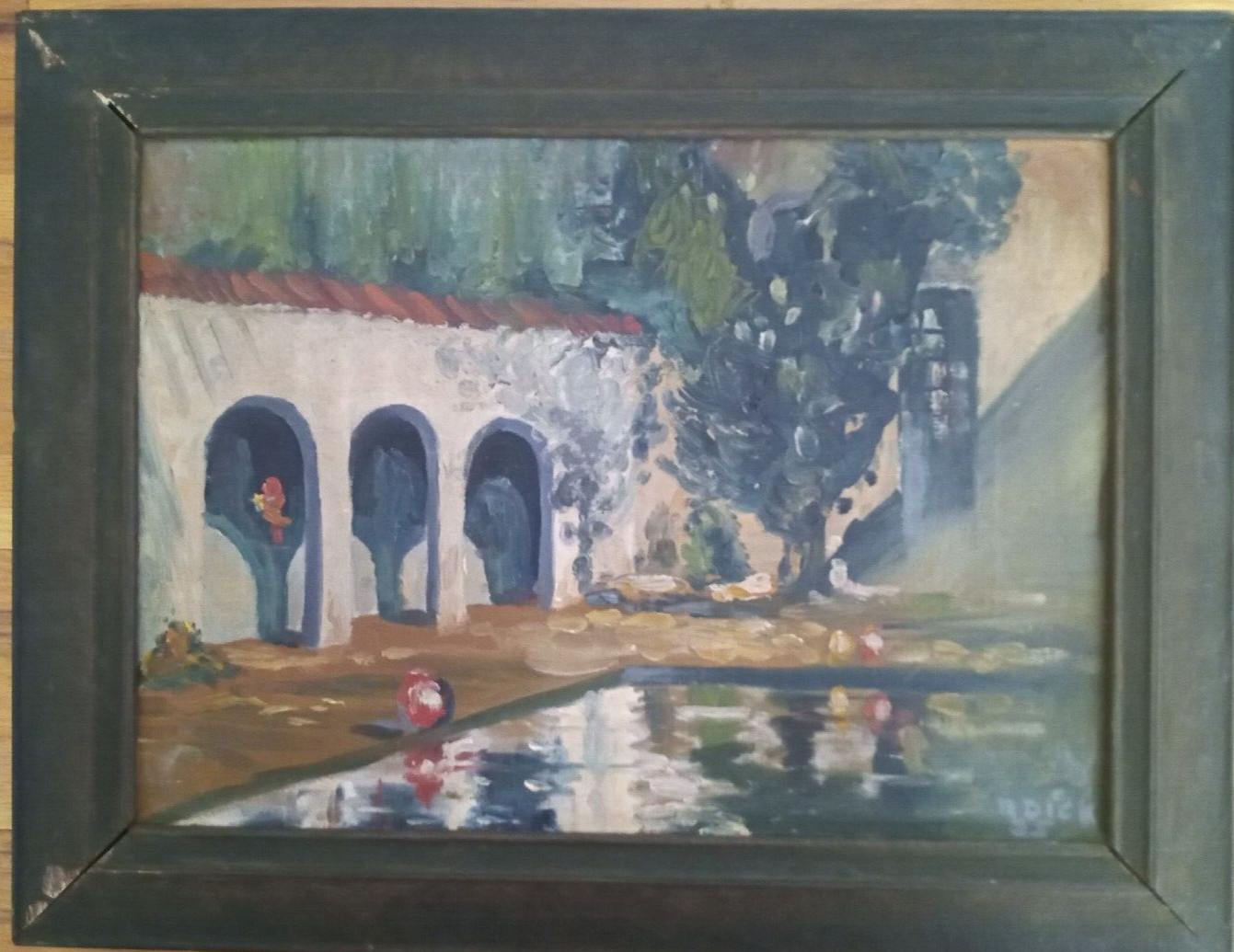 Antique California Mission San Juan Capistrano 1935 Arts & Crafts Oil Painting