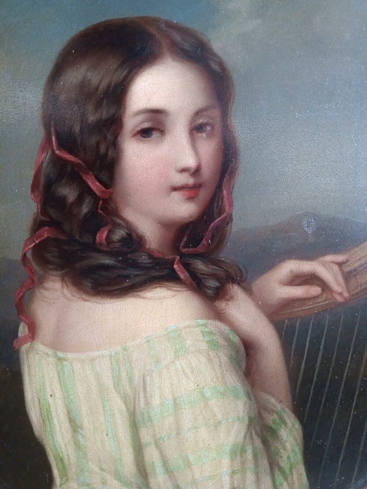 Antique Mid 19th Century Portrait Girl Oil Painting on Tin orig Frame Ca. 1850
