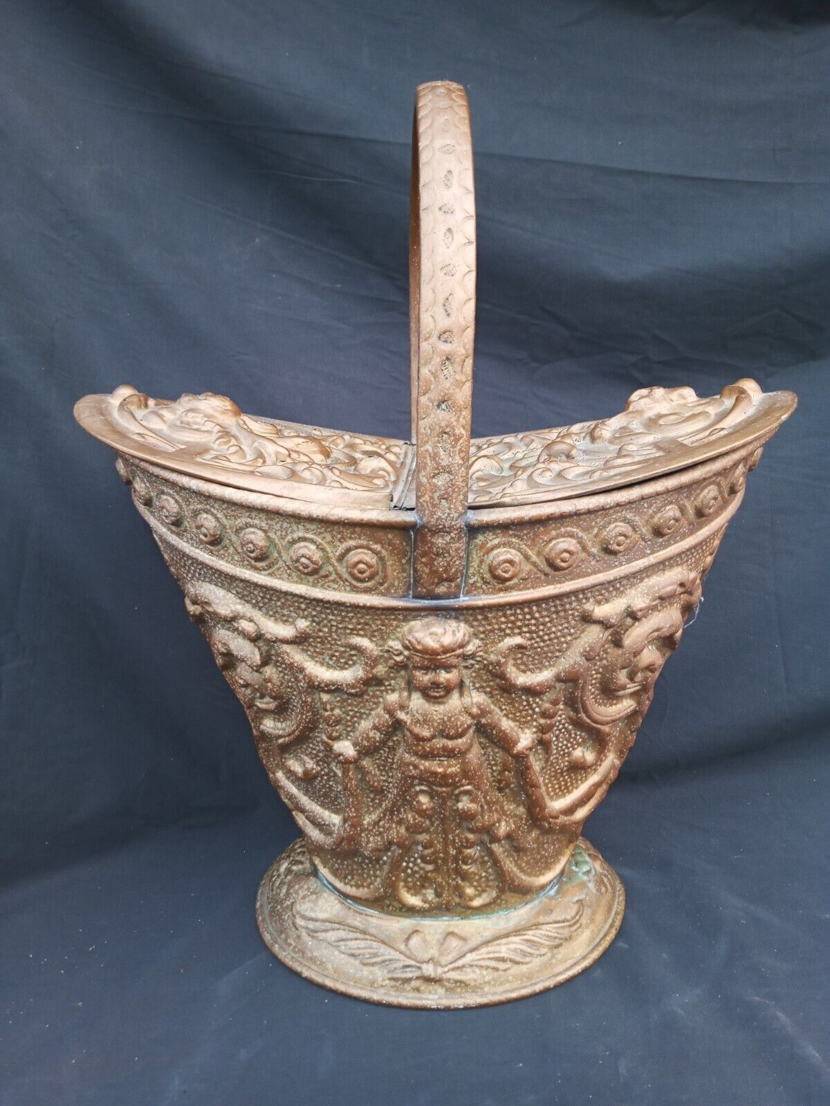 Antique French Victorian Cherub Coal Scuttle Ashcan Fireplace Repousse Bucket