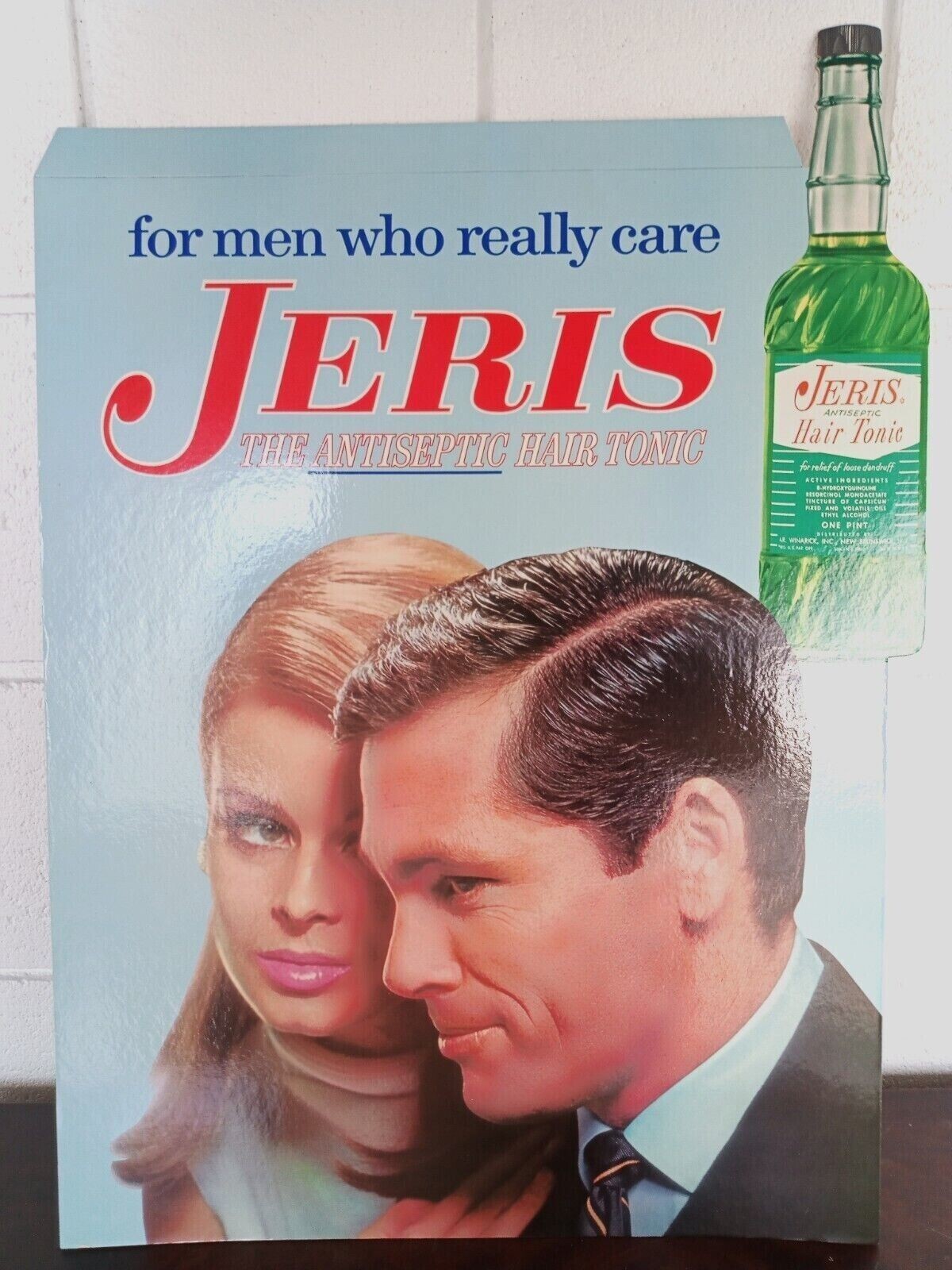 1 Vtg NOS mint Die Cut Cardboard Barber Shop Advertising Sign Jeris Hair Tonic