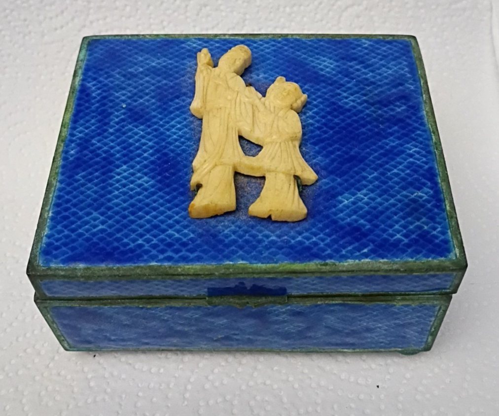 Antique enamel Blue Cobalt Box Case hinged ex condition Chinese Cloisonne