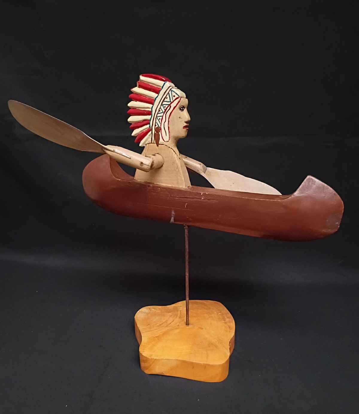 Primitive Whirligig Folk Art Native American  Canoe  Carved Wood  Americana 17"