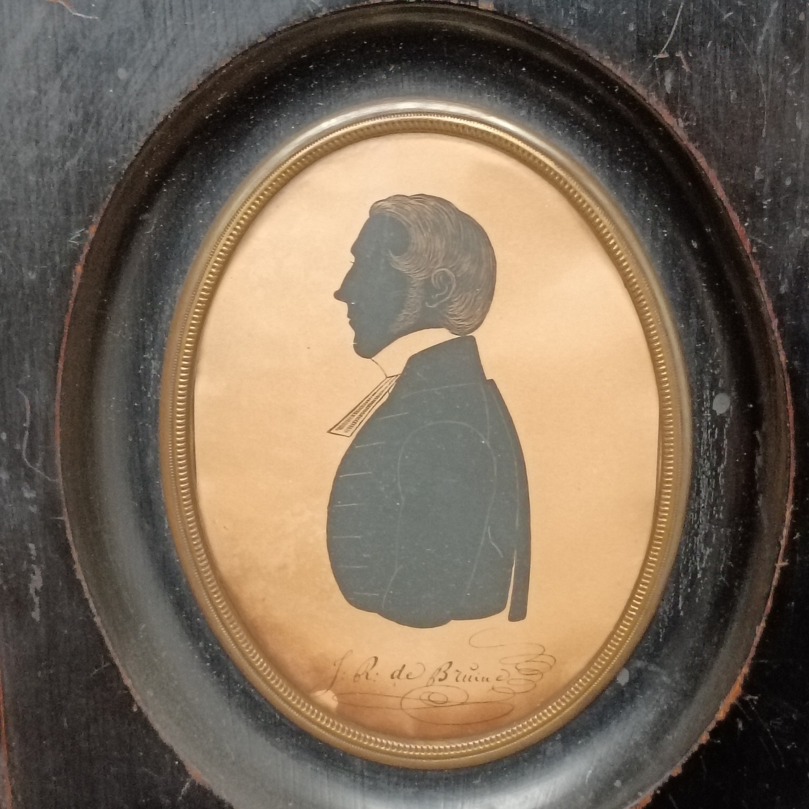 Large Antique Half Bust Silhouette J R de Bruine? 9" Miniature Portrait painting