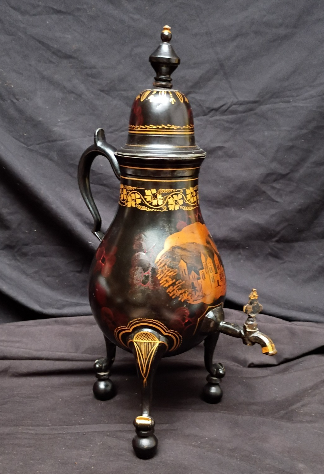 Antique Dutch Samovar Pewter Great Paint Gothic Black Gilt Coffee Teapot 15.75"