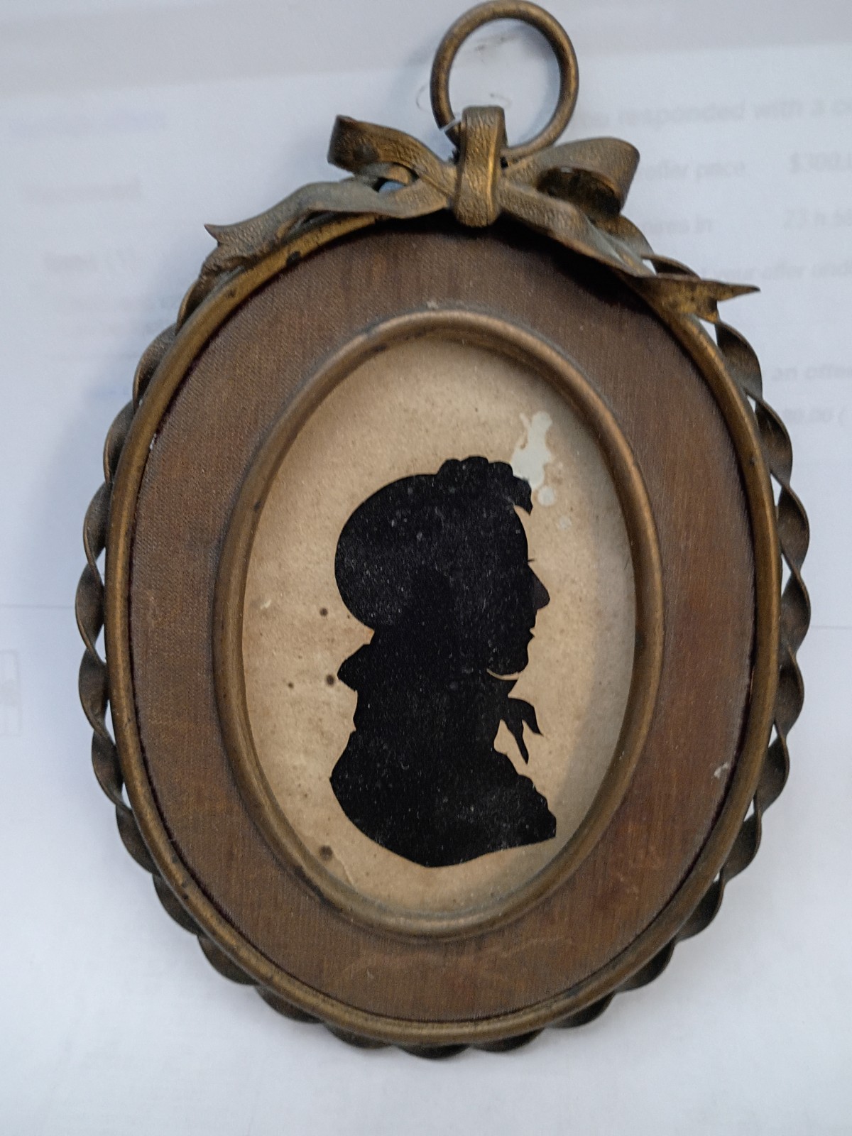 19th Century Antique Cut Paper Silhouette in Brass French Frame 5.5"
